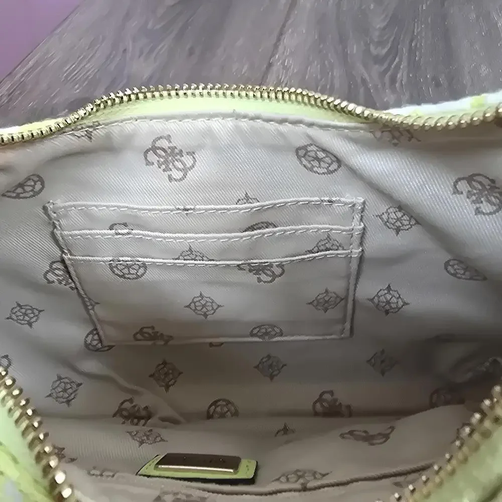 Guess Ruma Mini Top Zip  Quilted Logo Embroidered Shoulder Bag Chartreuse Color